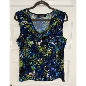 Black Label by Evan Picone Top Large Cowl Neck Sleeveless Blouse Blue Green